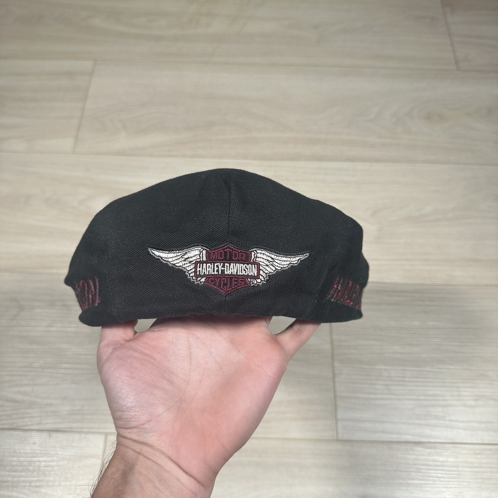 Harley Davidson Newsboy Cabbie Flat Cap Black Sz L Embroidered Shield Wings EUC